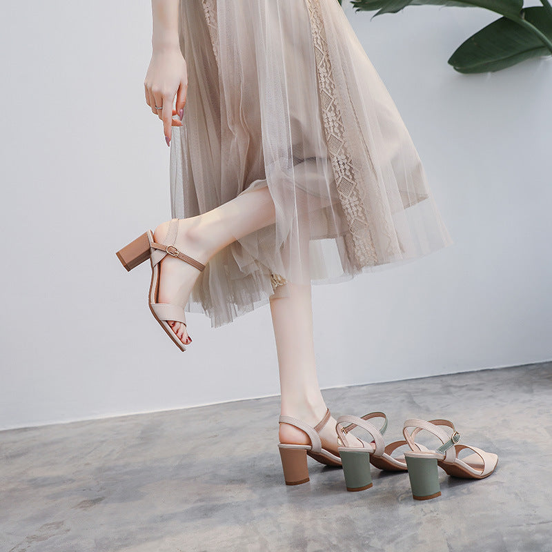 Sandals Women's 2025 Summer New Korean Version Versatile Student Fashion Fairy Style Block Heel Open Toe One Strap High Heels