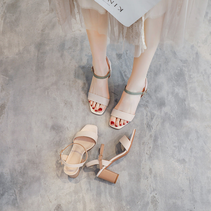 Sandals Women's 2025 Summer New Korean Version Versatile Student Fashion Fairy Style Block Heel Open Toe One Strap High Heels