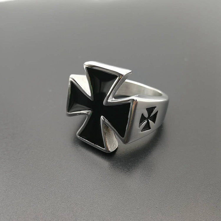 European and American cross-border hot selling punk retro ring titanium steel polished German black iron cross men's ring