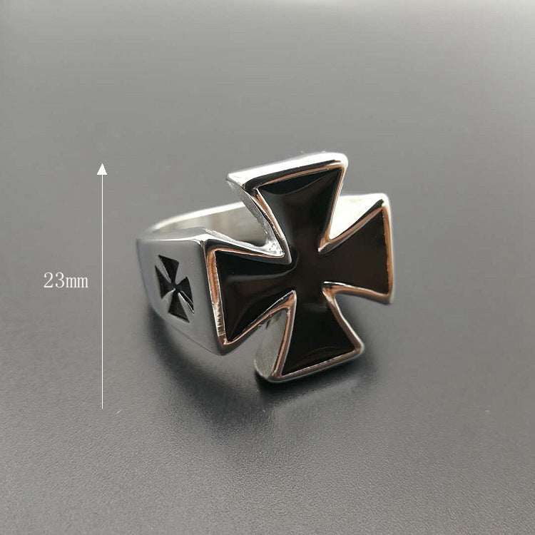 European and American cross-border hot selling punk retro ring titanium steel polished German black iron cross men's ring