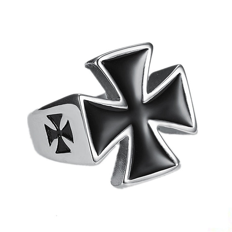 European and American cross-border hot selling punk retro ring titanium steel polished German black iron cross men's ring