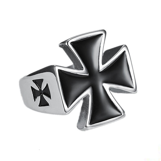 European and American cross-border hot selling punk retro ring titanium steel polished German black iron cross men's ring