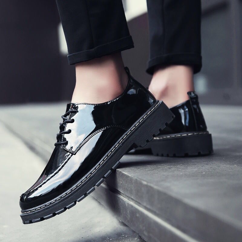 Leather shoes men Korean version of the trend of men's shoes British suits increased black youth business round toe men's casual leather shoes