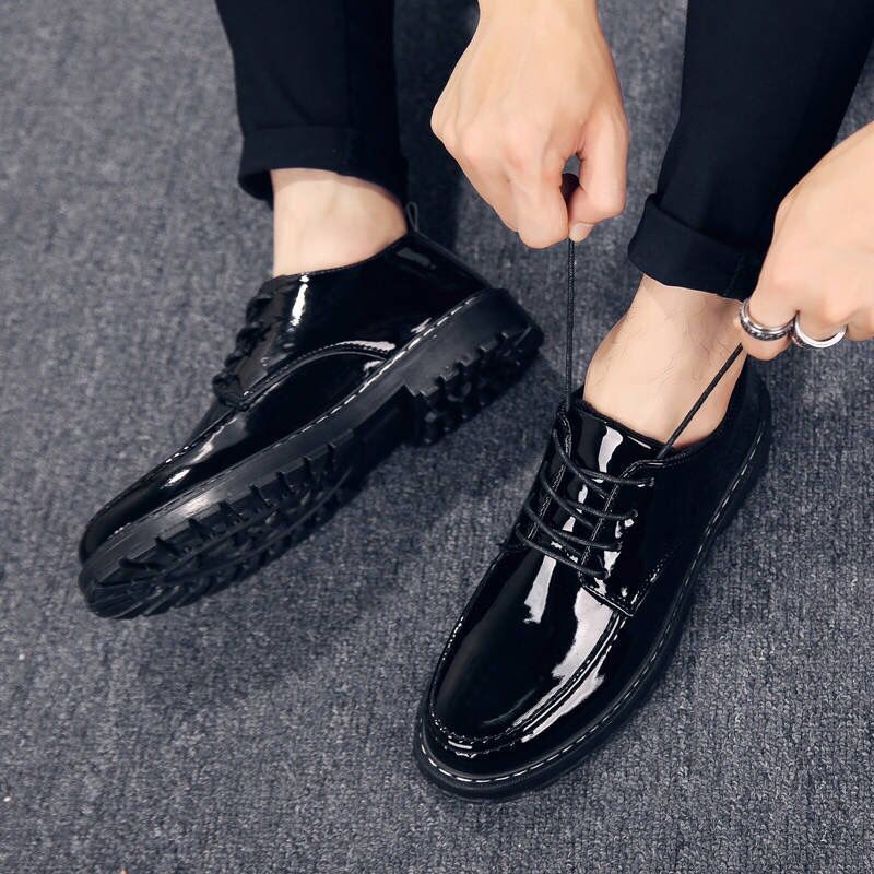 Leather shoes men Korean version of the trend of men's shoes British suits increased black youth business round toe men's casual leather shoes