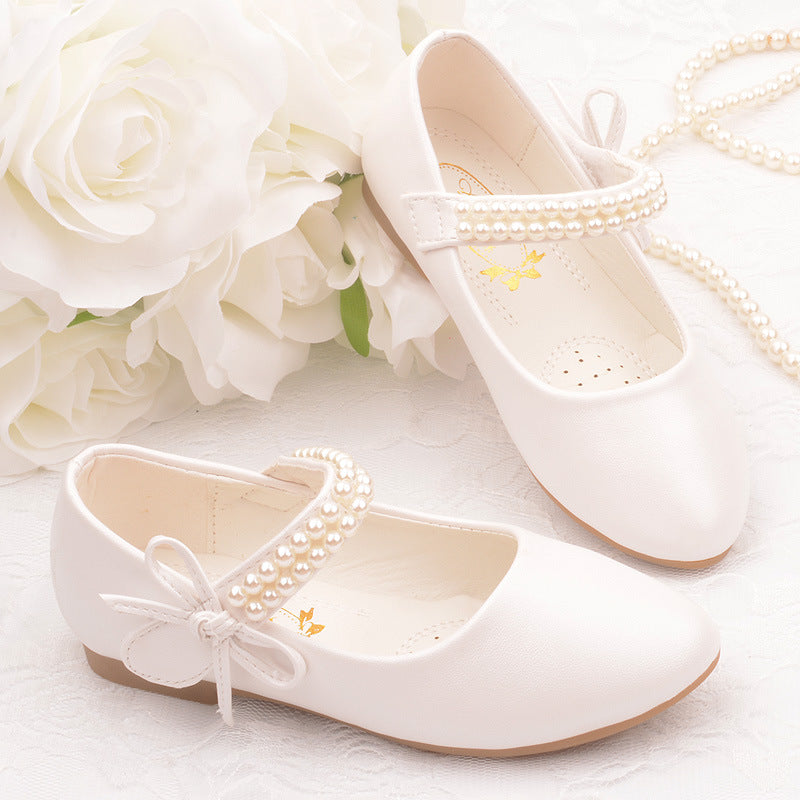 Spring and Autumn New Girls' White Leather ShoesChildren's Flat White ShoesGirls' Flower GirlsSchool Uniforms, Photography Dresses, Shoes, Pearls