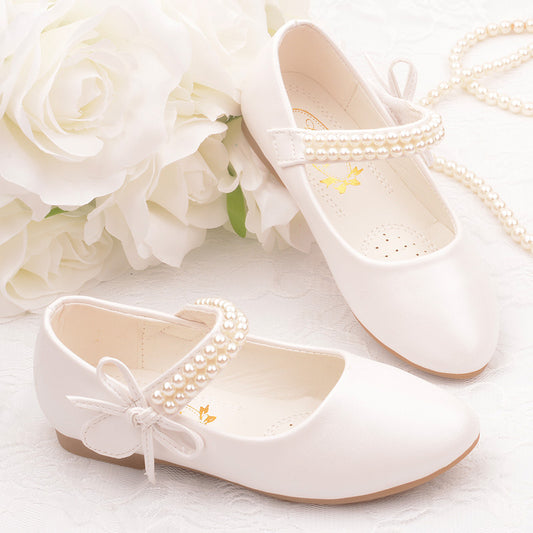 Spring and Autumn New Girls' White Leather ShoesChildren's Flat White ShoesGirls' Flower GirlsSchool Uniforms, Photography Dresses, Shoes, Pearls
