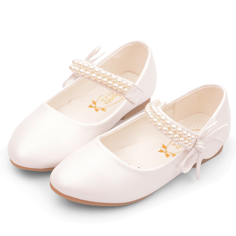 Spring and Autumn New Girls' White Leather ShoesChildren's Flat White ShoesGirls' Flower GirlsSchool Uniforms, Photography Dresses, Shoes, Pearls