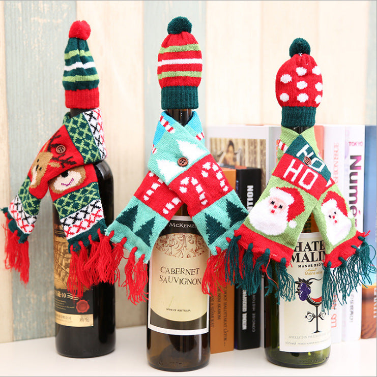 Christmas wine bottle decoration Christmas knitted wine set scarf hat set red wine bottle cover old man wine bottle set deer