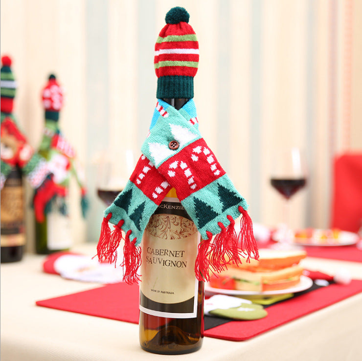 Christmas wine bottle decoration Christmas knitted wine set scarf hat set red wine bottle cover old man wine bottle set deer