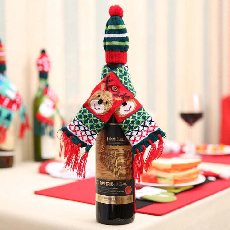 Christmas wine bottle decoration Christmas knitted wine set scarf hat set red wine bottle cover old man wine bottle set deer