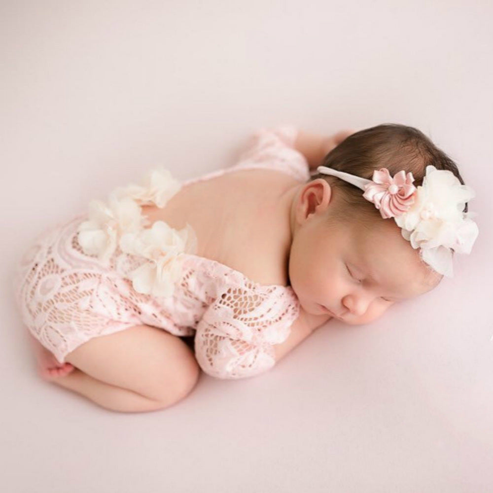 Newborn photosuit chiffon trimmed lace photo dress pearl headband two-piece set