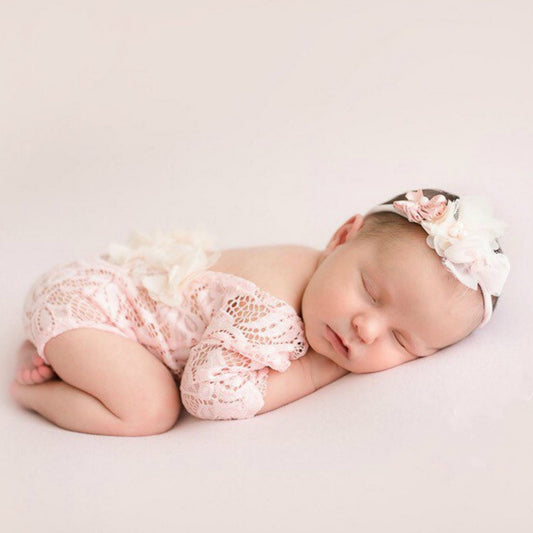 Newborn photosuit chiffon trimmed lace photo dress pearl headband two-piece set