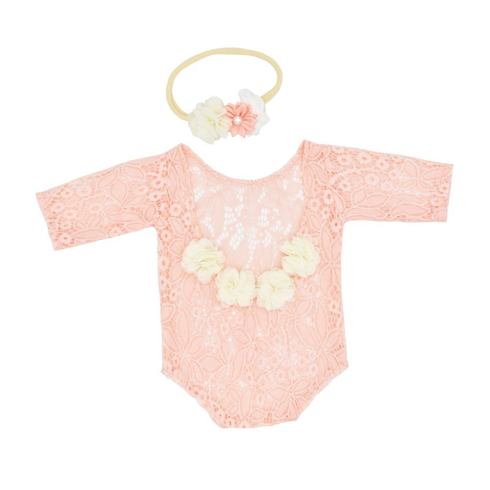Newborn photosuit chiffon trimmed lace photo dress pearl headband two-piece set