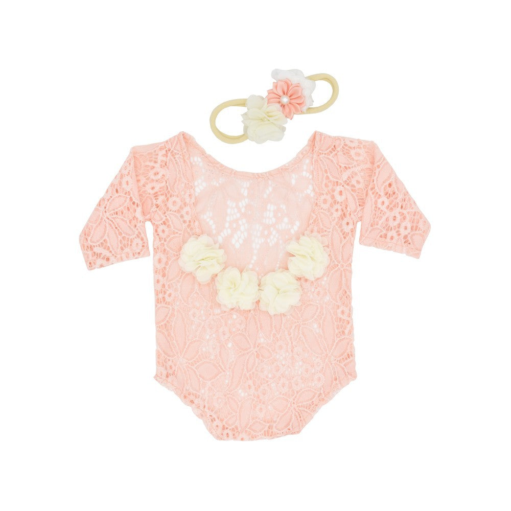 Newborn photosuit chiffon trimmed lace photo dress pearl headband two-piece set