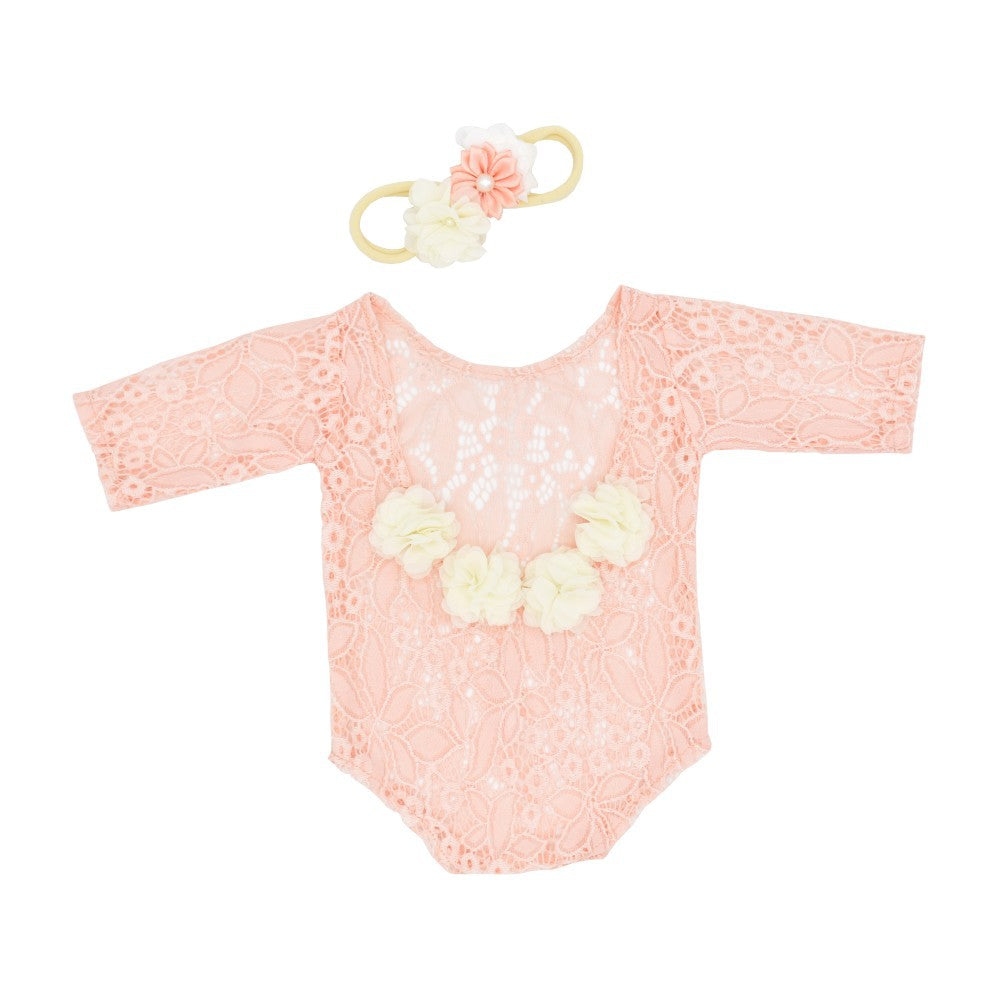 Newborn photosuit chiffon trimmed lace photo dress pearl headband two-piece set