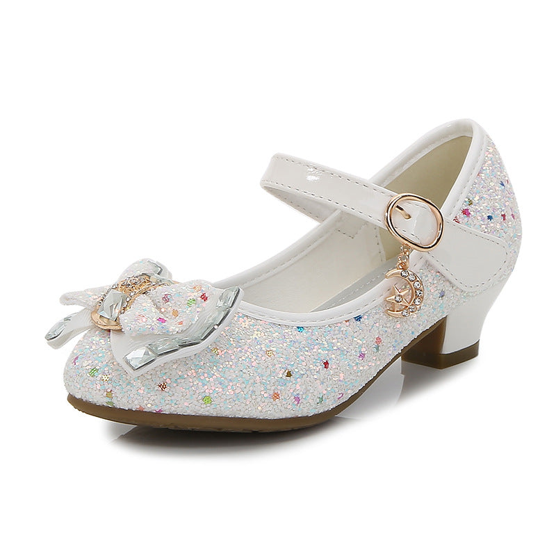 Fall 2025 new girls' small high heels, sequin uppers, bow decorated children's dancing shoes