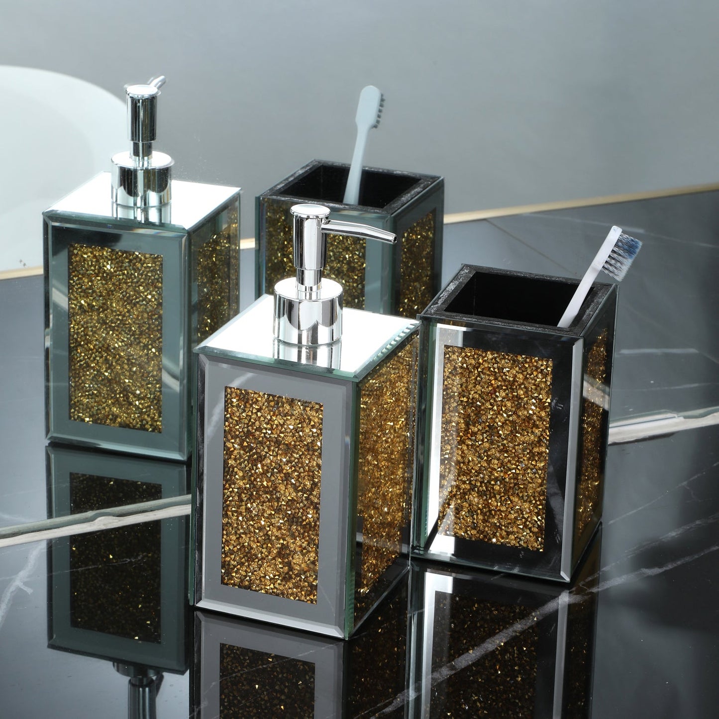 Square Soap Dispenser and Toothbrush Holder in Gift Box, Gold Crushed