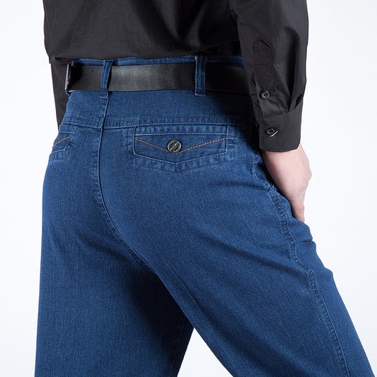Jeans men's spring and summer high waist straight loose elastic autumn middle-aged and elderly loose high waist men's jeans batch
