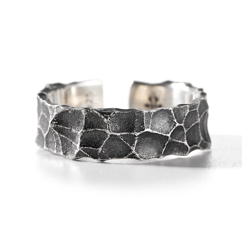925 Thai Silver Hammer Ring Men's Tide Ins Live Mouth Adjustable Men's Opening Personality Vintage Silver Men's Ring