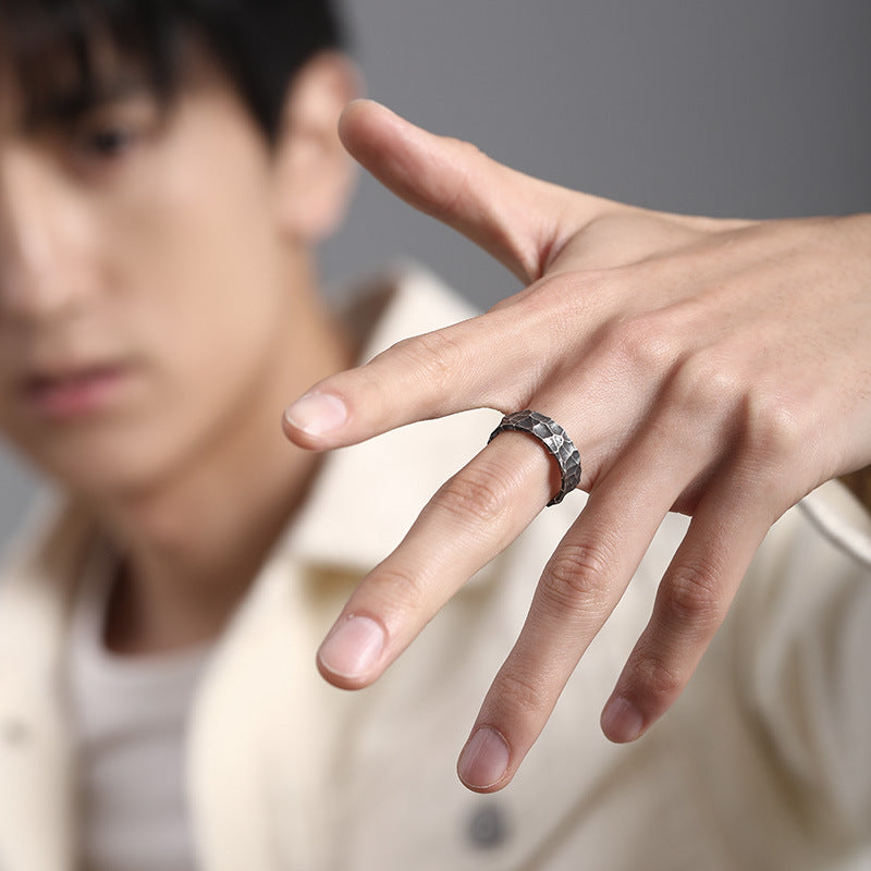 925 Thai Silver Hammer Ring Men's Tide Ins Live Mouth Adjustable Men's Opening Personality Vintage Silver Men's Ring