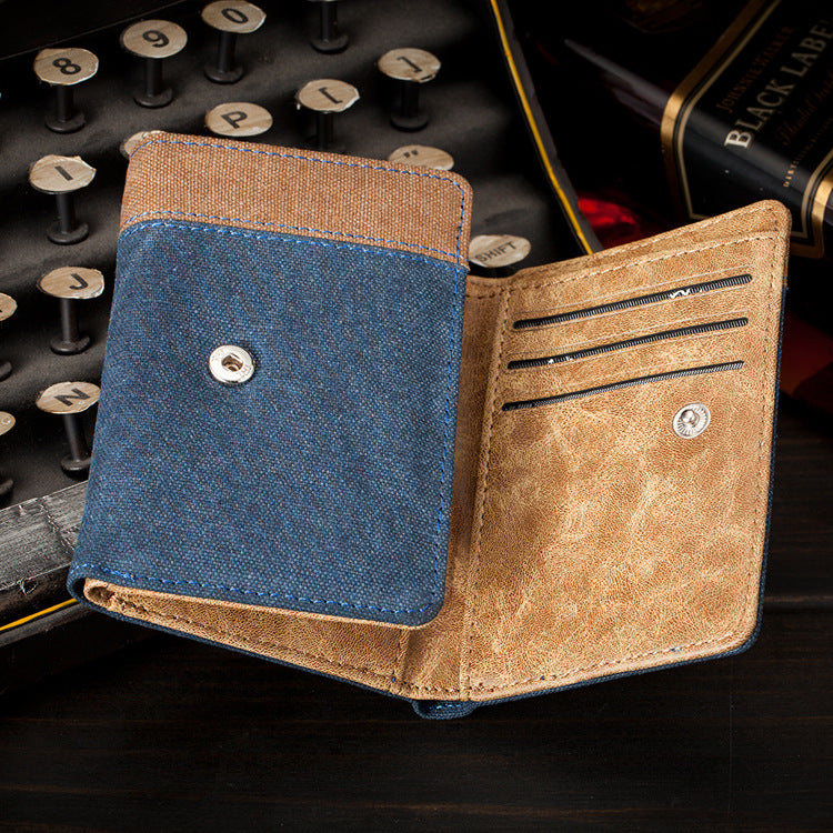 Denim canvas vintage student men's wallet short tri-fold wallet men's coin card bag spot wholesale