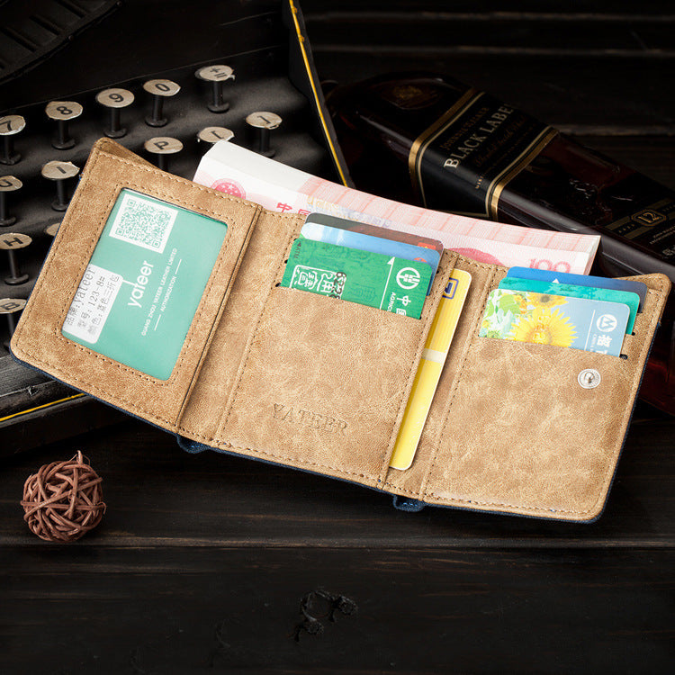 Denim canvas vintage student men's wallet short tri-fold wallet men's coin card bag spot wholesale