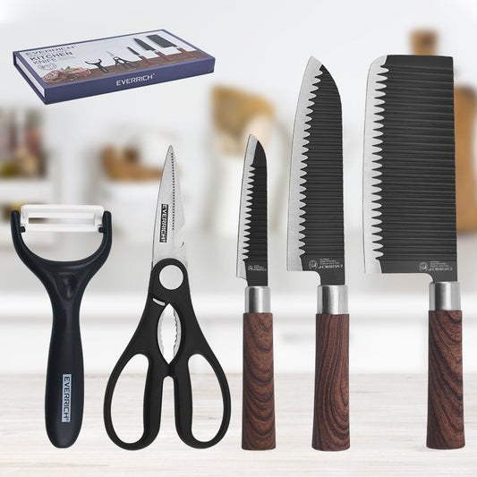 Wood grain knife five-piece black wavy pattern kitchen set knife gift box multi-functional kitchen knife combination knife set