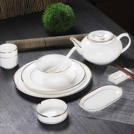 Gold-edged bone china plates and bowls, hotel tableware and supplies, 8-piece set of tables, and the hotel can add a logo set