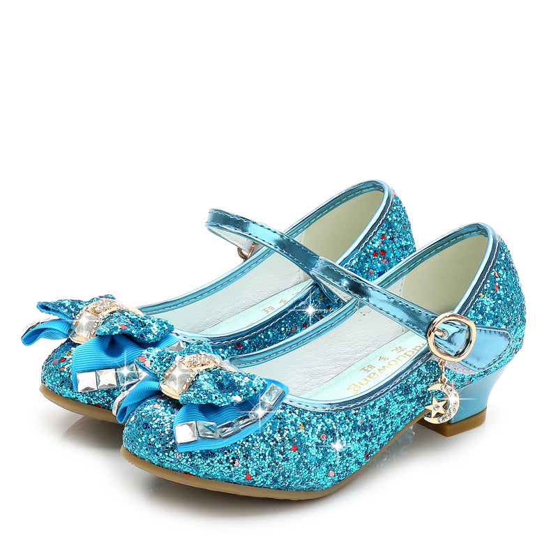 Fall 2025 new girls' small high heels, sequin uppers, bow decorated children's dancing shoes