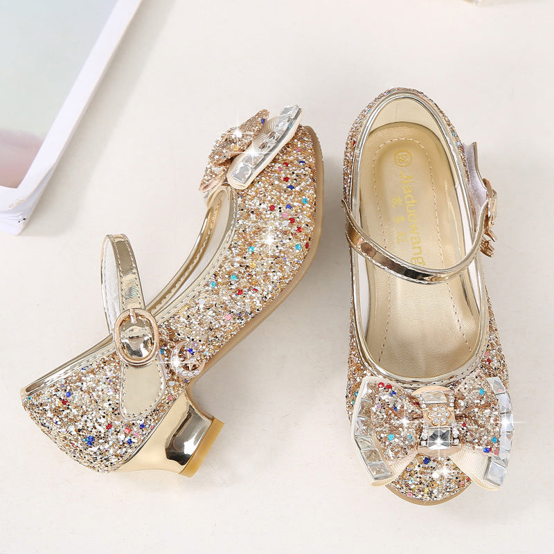 Fall 2025 new girls' small high heels, sequin uppers, bow decorated children's dancing shoes