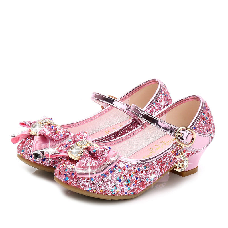 Fall 2025 new girls' small high heels, sequin uppers, bow decorated children's dancing shoes