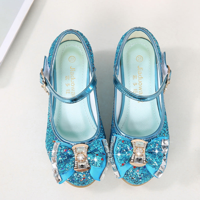 Fall 2025 new girls' small high heels, sequin uppers, bow decorated children's dancing shoes