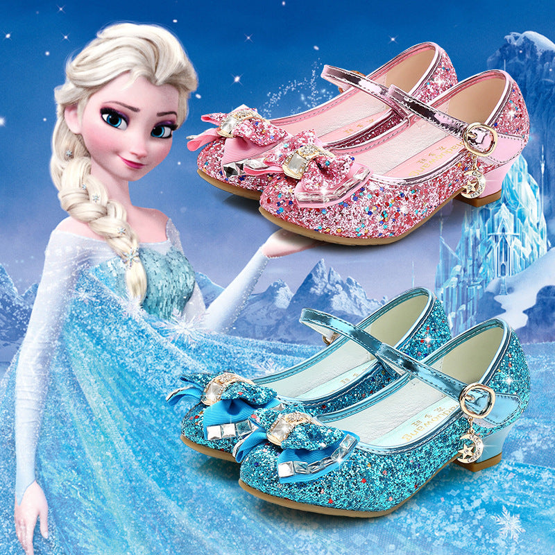 Fall 2025 new girls' small high heels, sequin uppers, bow decorated children's dancing shoes