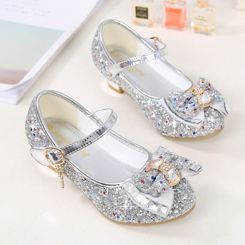 Fall 2025 new girls' small high heels, sequin uppers, bow decorated children's dancing shoes