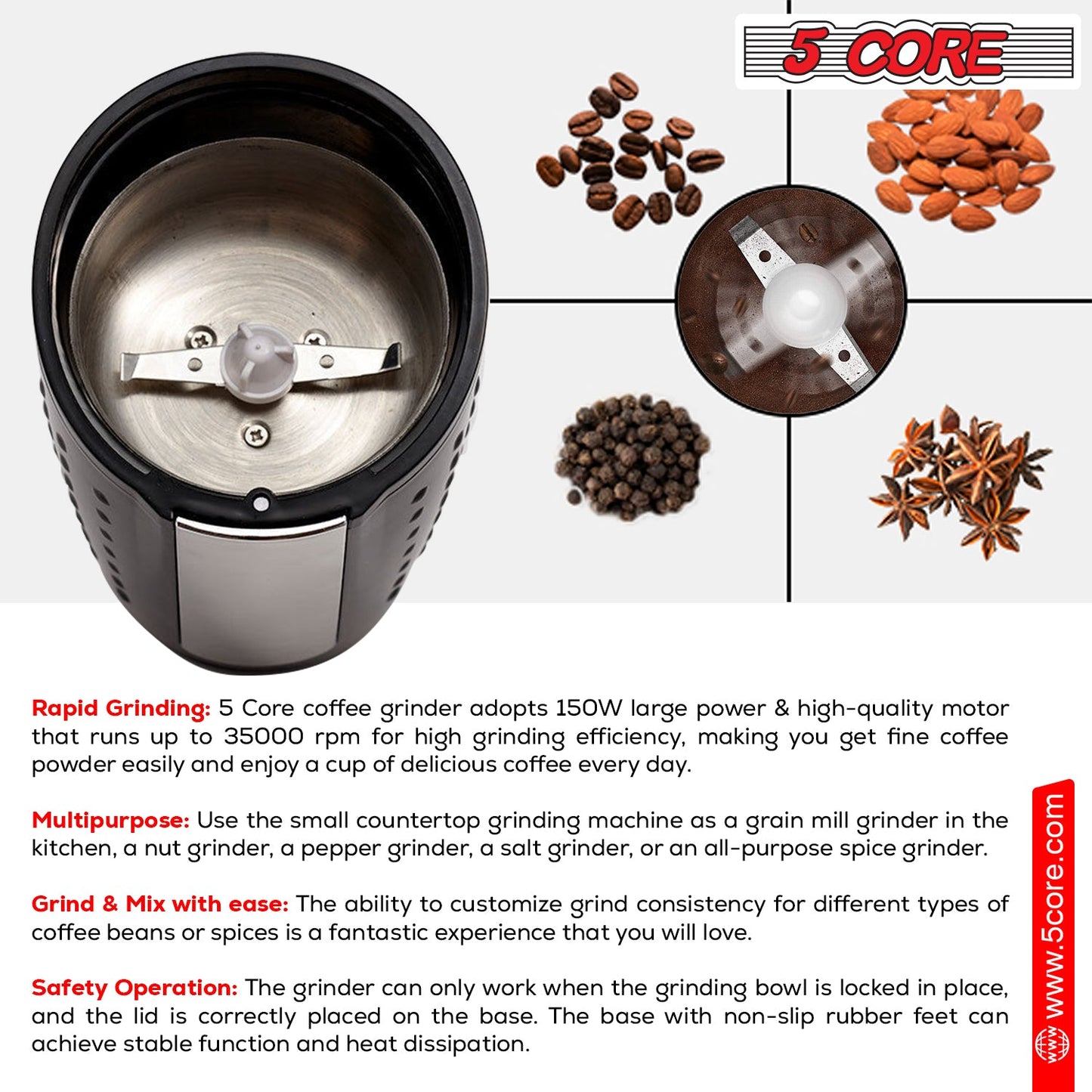 5Core Coffee Grinder 85 Gram Capacity 150W Electric Bean Spice