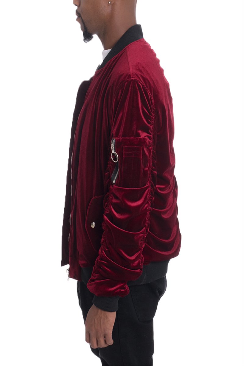 Velour Cinch Sleeve Bomber Jacket