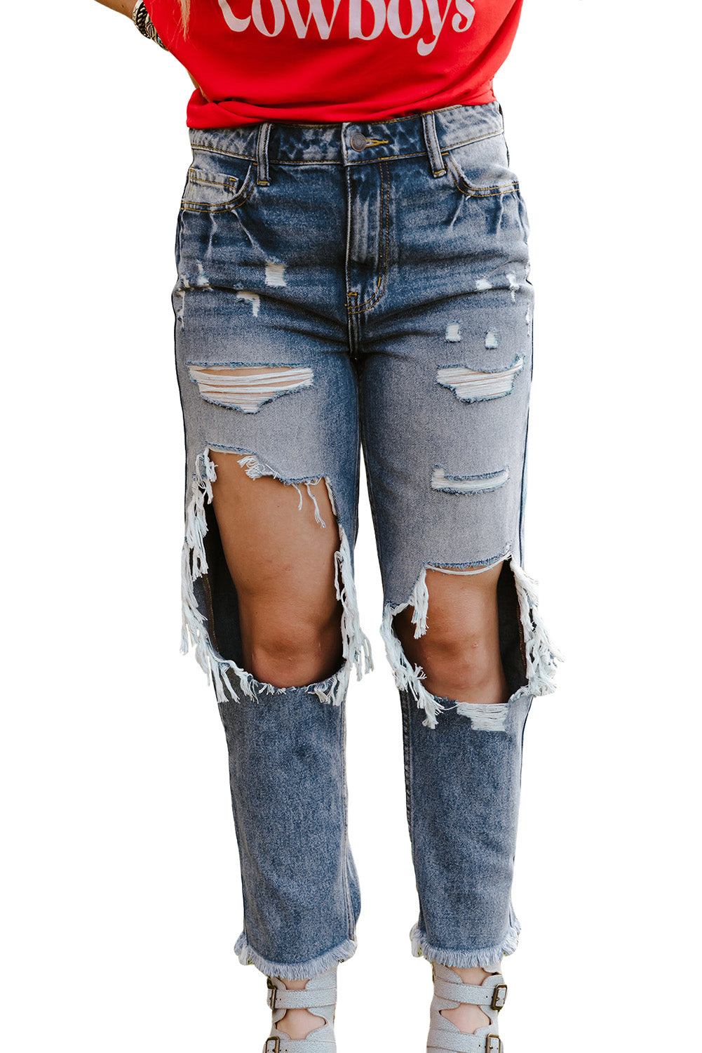 Sky Blue Ripped High Waist Boyfriend Jeans