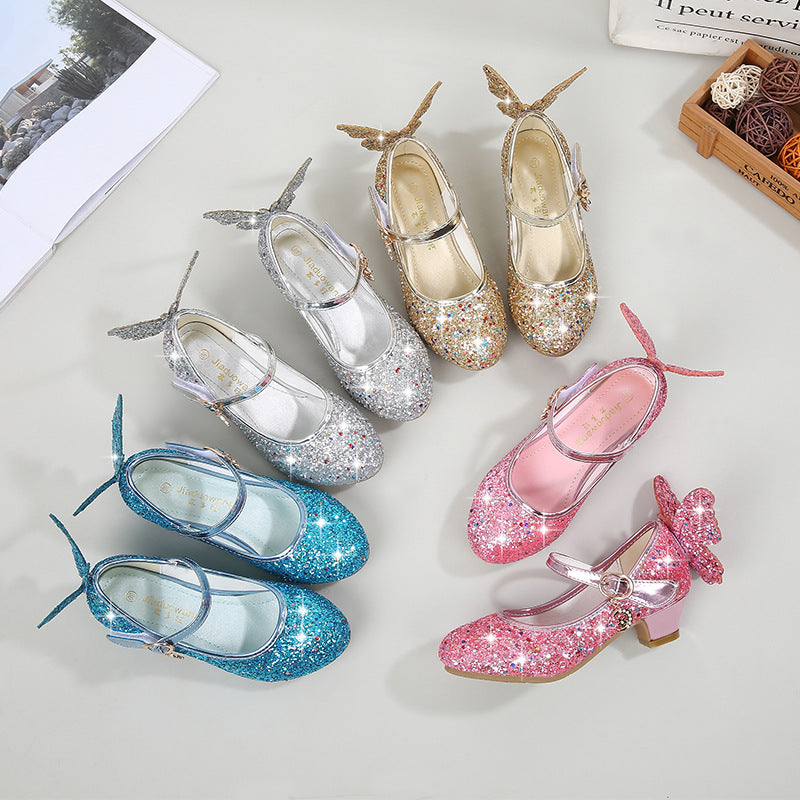 Girls' high-heeled princess leather shoes, 2025 spring and autumn, new children's single shoes, children's performance shoes, girls' crystal slippers