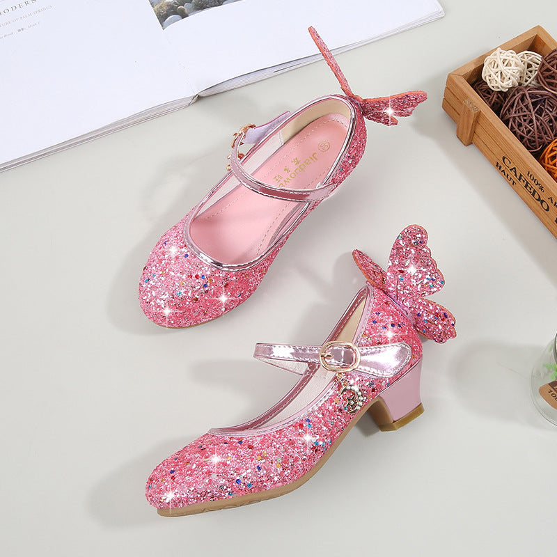 Girls' high-heeled princess leather shoes, 2025 spring and autumn, new children's single shoes, children's performance shoes, girls' crystal slippers
