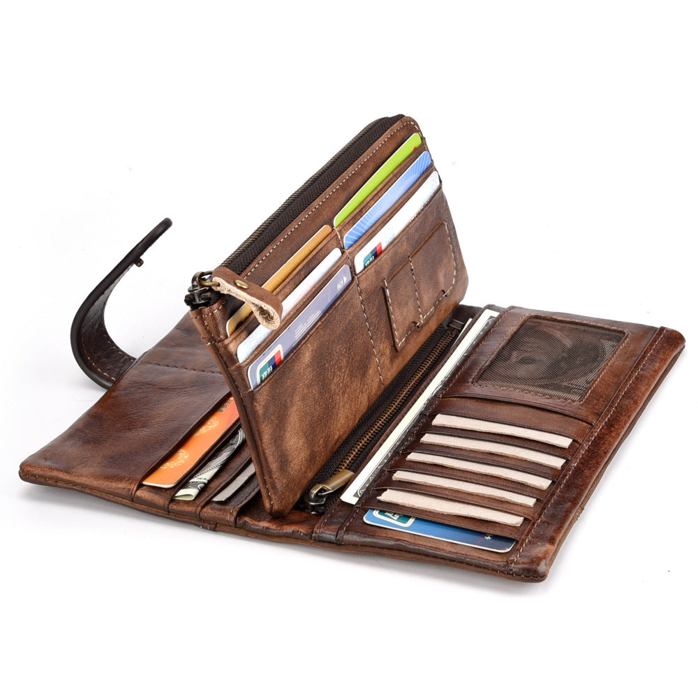 New vintage rubbed cowhide fashion stitching long wallet casual multi-card slot leather men's RIFD wallet