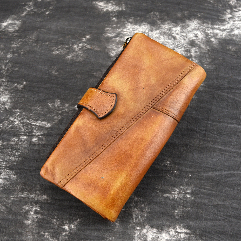 New vintage rubbed cowhide fashion stitching long wallet casual multi-card slot leather men's RIFD wallet