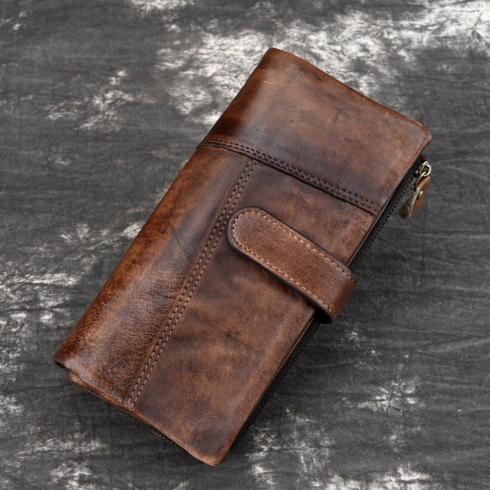 New vintage rubbed cowhide fashion stitching long wallet casual multi-card slot leather men's RIFD wallet