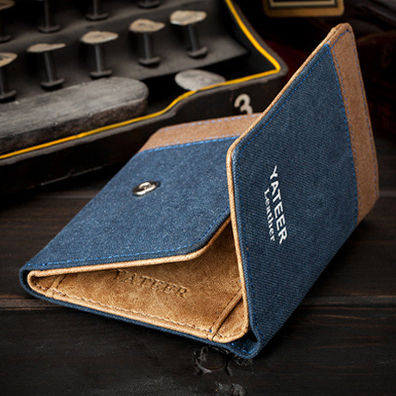 Denim canvas vintage student men's wallet short tri-fold wallet men's coin card bag spot wholesale