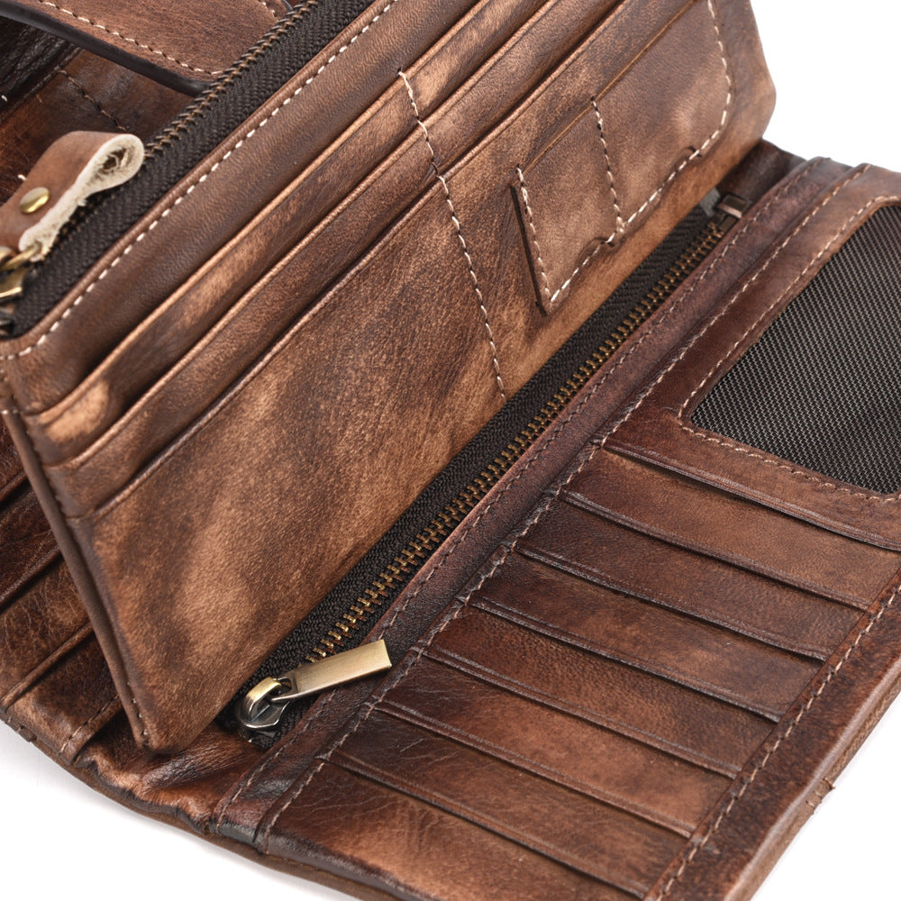 New vintage rubbed cowhide fashion stitching long wallet casual multi-card slot leather men's RIFD wallet