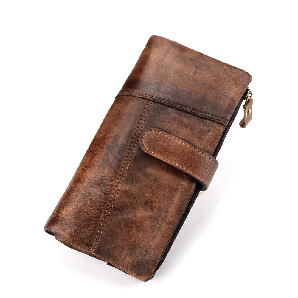 New vintage rubbed cowhide fashion stitching long wallet casual multi-card slot leather men's RIFD wallet