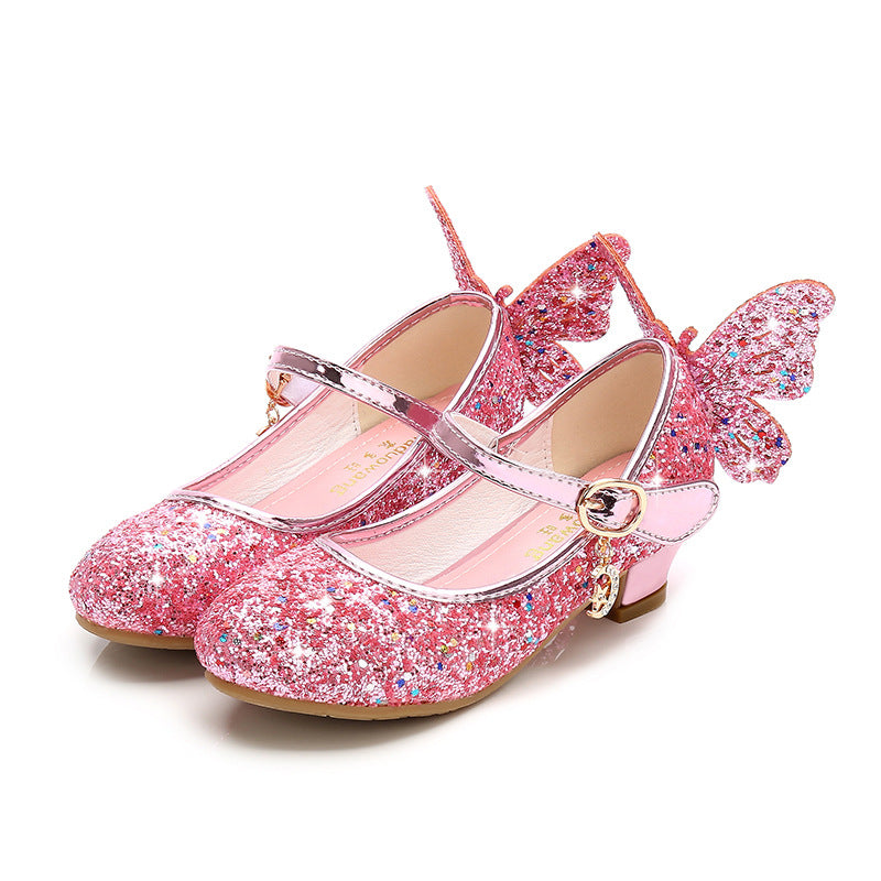 Girls' high-heeled princess leather shoes, 2025 spring and autumn, new children's single shoes, children's performance shoes, girls' crystal slippers