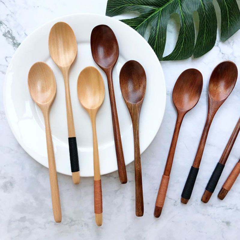 Wooden spoon long handle old lacquer juice spoon solid wood small coffee spoon Japanese style Japanese style soup spoon baby spoon