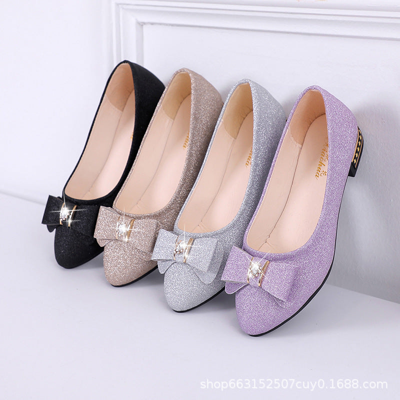 2025 Spring New Versatile Block Heel Pointed Toe Single Shoes Women's Fashion Bow Rhinestone Low Heel Comfortable Work Mom Shoes