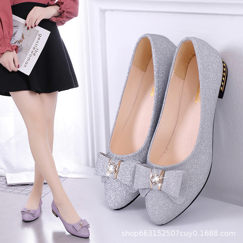 2025 Spring New Versatile Block Heel Pointed Toe Single Shoes Women's Fashion Bow Rhinestone Low Heel Comfortable Work Mom Shoes