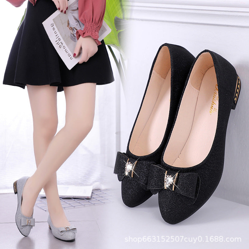 2025 Spring New Versatile Block Heel Pointed Toe Single Shoes Women's Fashion Bow Rhinestone Low Heel Comfortable Work Mom Shoes